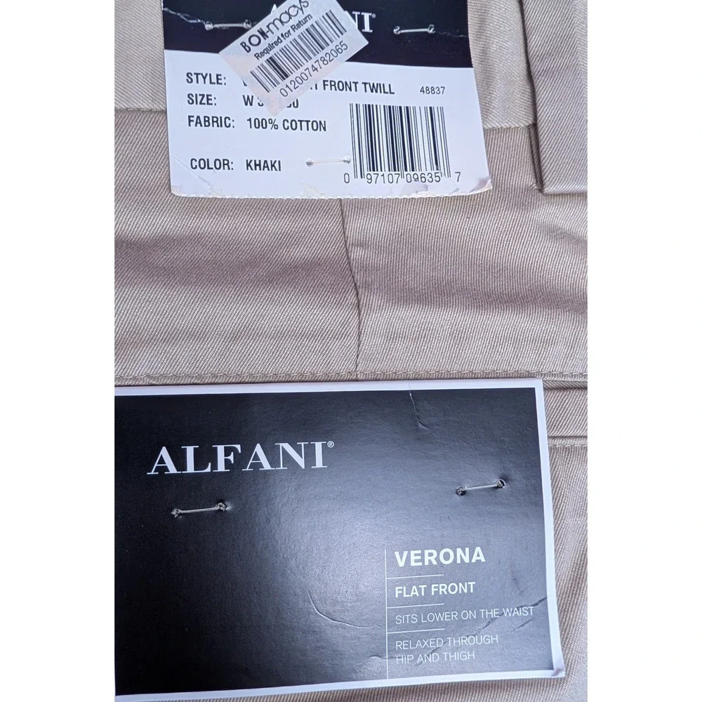 Alfani Verona Tech Pants 34X30 Khaki Flat Front Slash Pockets Straight Relaxed